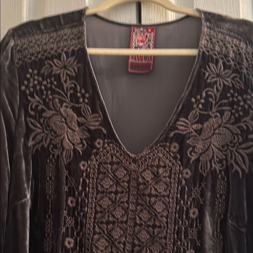 Johnny Was Charcoal Embroidered Velvet Blouse